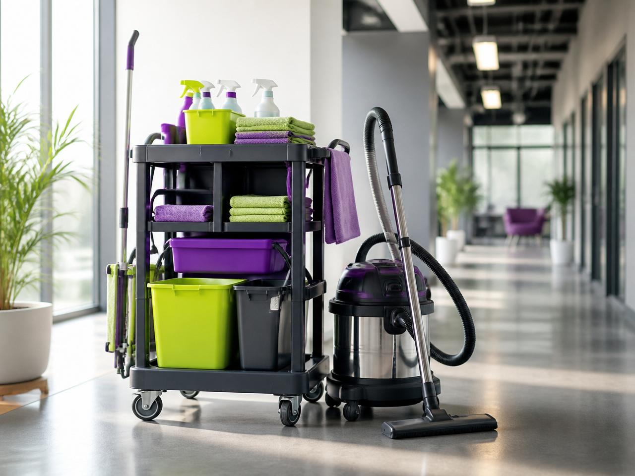 Professional cleaning cart with supplies staged in an office corridor