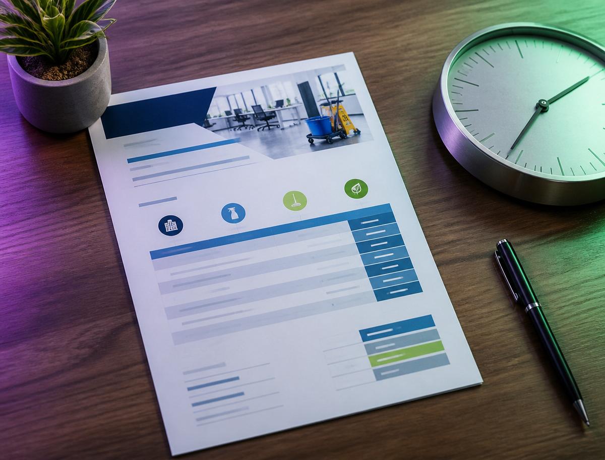 Laptop on a desk displaying a cleaning services quote next to a wall clock